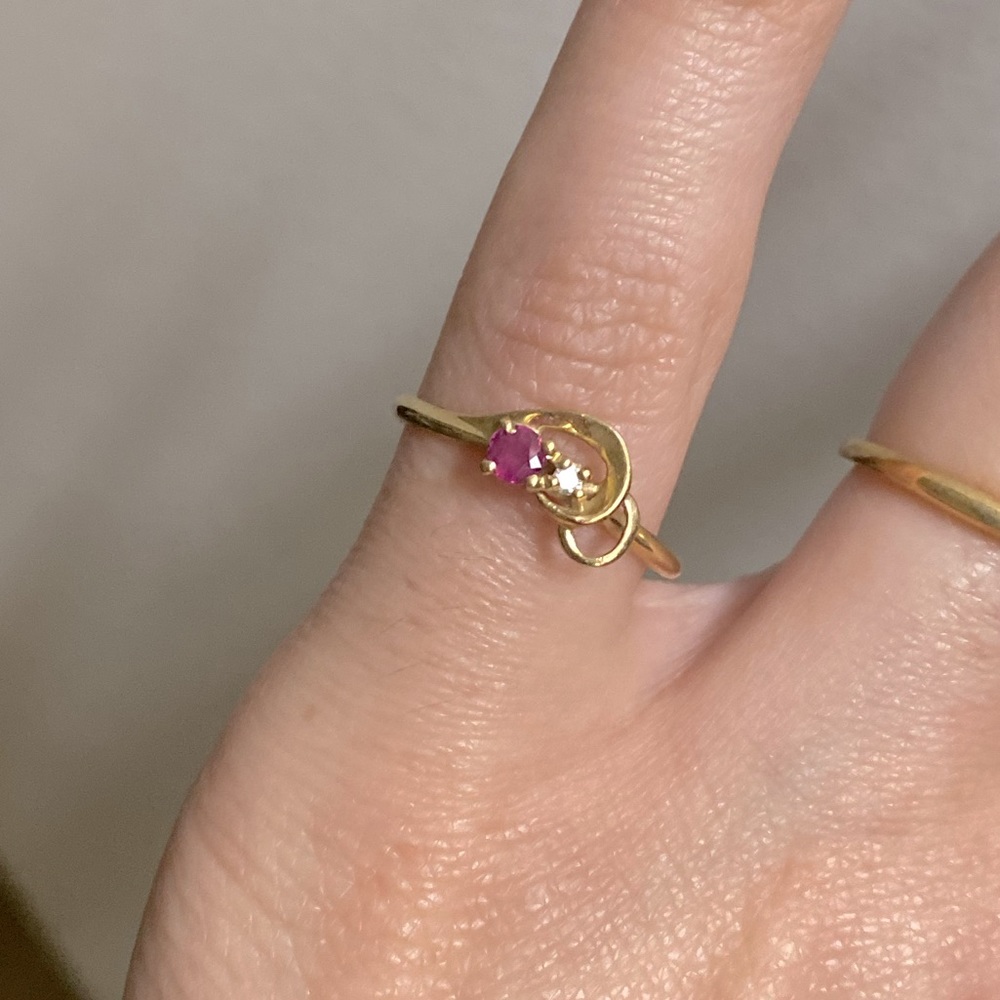 Dainty Ruby, Diamond and Solid Gold Ring, Size 5